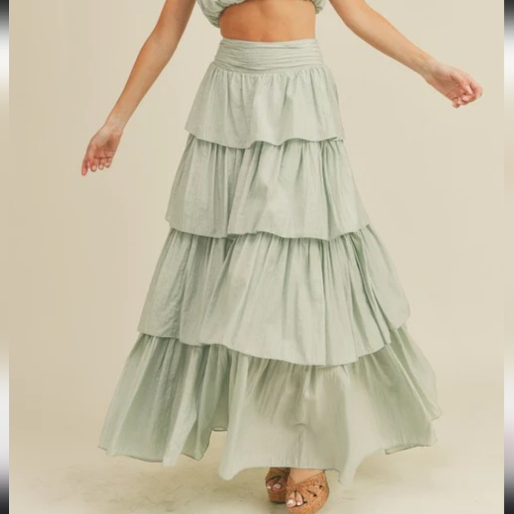 Tiered Maxi Skirt in Sage Green - Women's Flowing Maxi